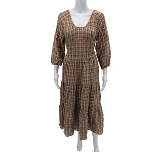 LIDO Womens Maxi Plaid Mid-Calf Dress Beige 3/4 Sleeve Round Neck Size One Size